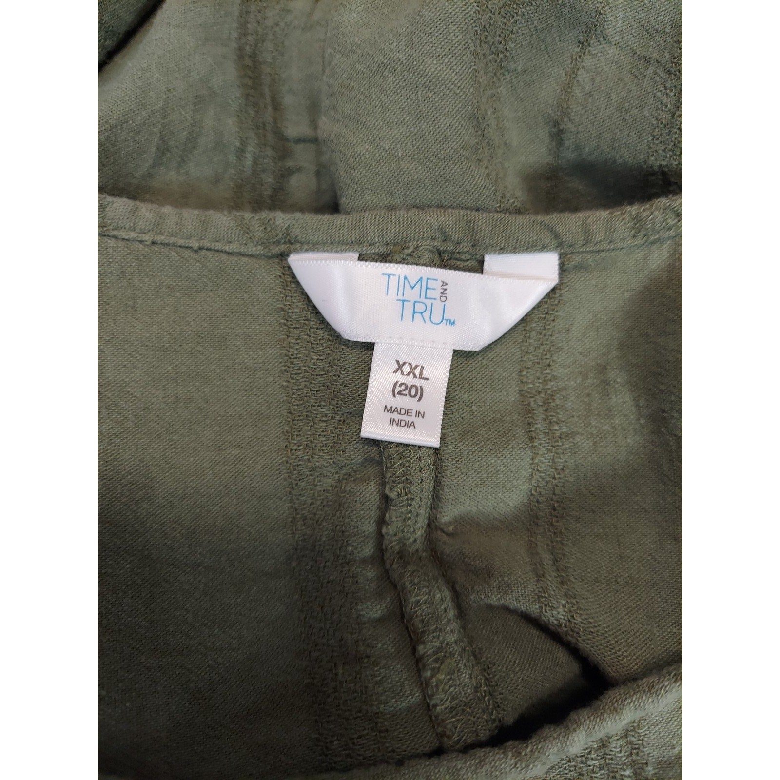 Time & Tru Womens Top XXL 20 Olive Green Short Sleeve Tie Front Striped Linen
