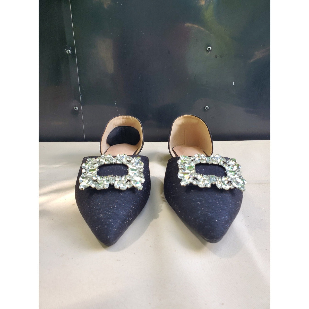 Ming Shun Womens Pointed Toe Flats Rhinestone Buckle Black Glitter US 11 EU 43
