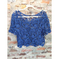 EXPRESS Womens Cropped Top M Blue Lace Crochet Floral Short Sleeve Scoop Neck