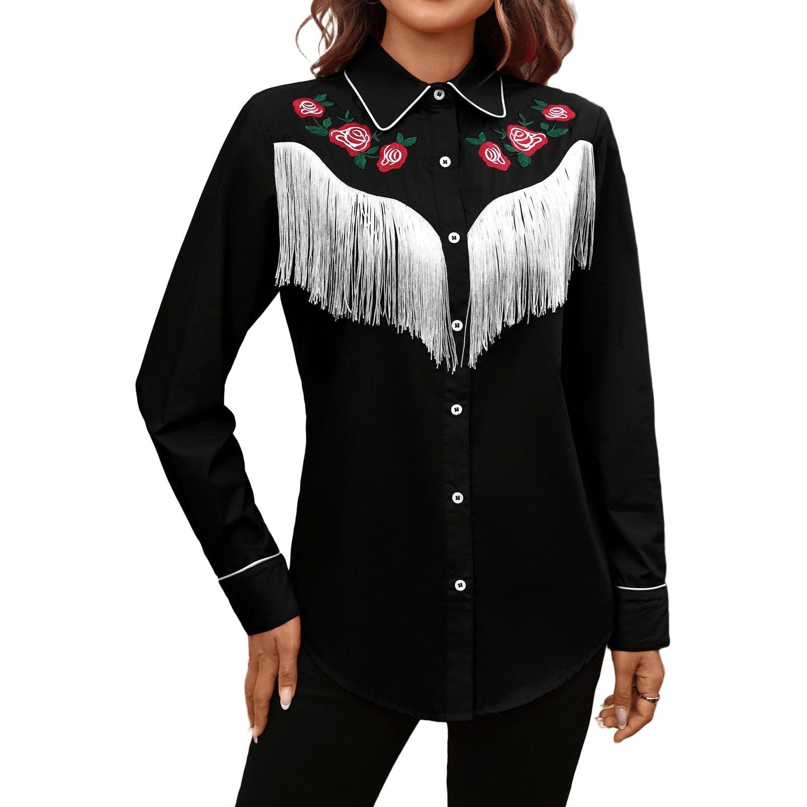 Womens XL Western Shirt Black Fringe Rose Embroidered Button Up Cowgirl