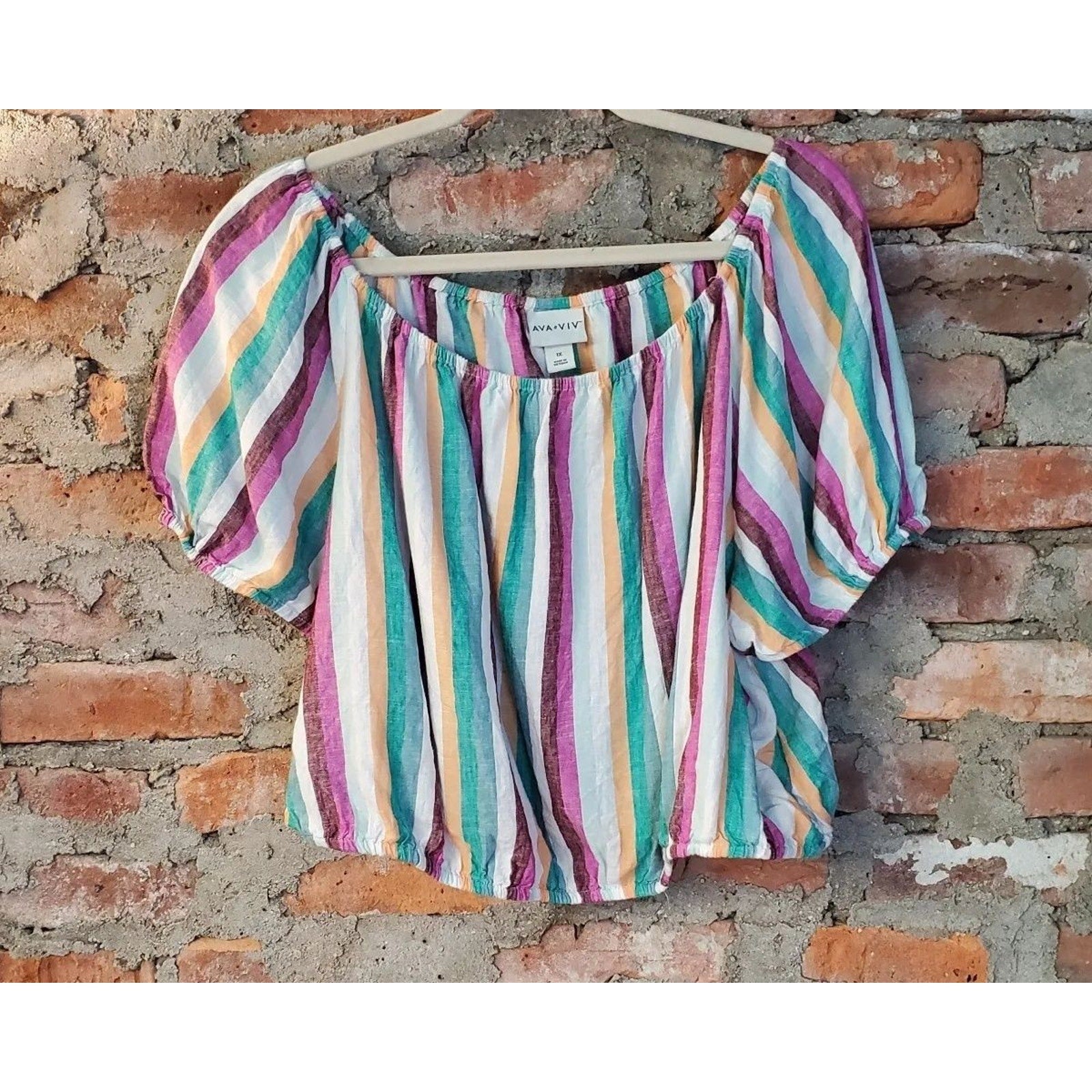 Ava & Viv Womens Blouse Top 1X Multicolor Striped Square Neck Puff Sleeve