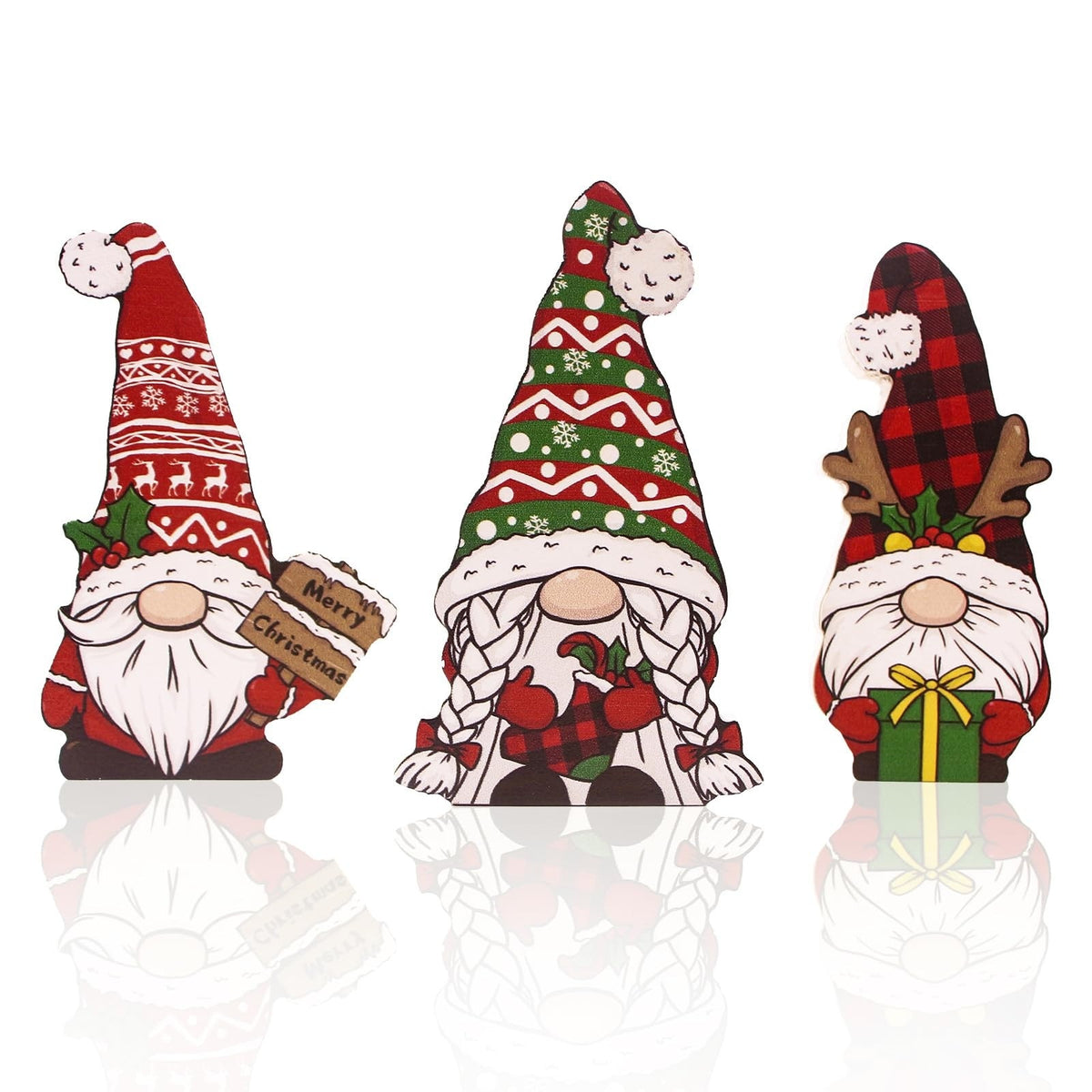 Christmas Gnome Set of 3 Wood Table Shelf Decor Holiday Decoration