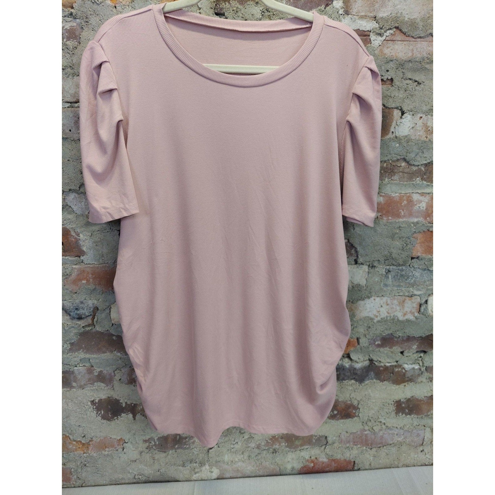 Womens Maternity T-Shirt Dress XXL Dark Pink Ruched Bodycon Puff Sleeve Ribbed