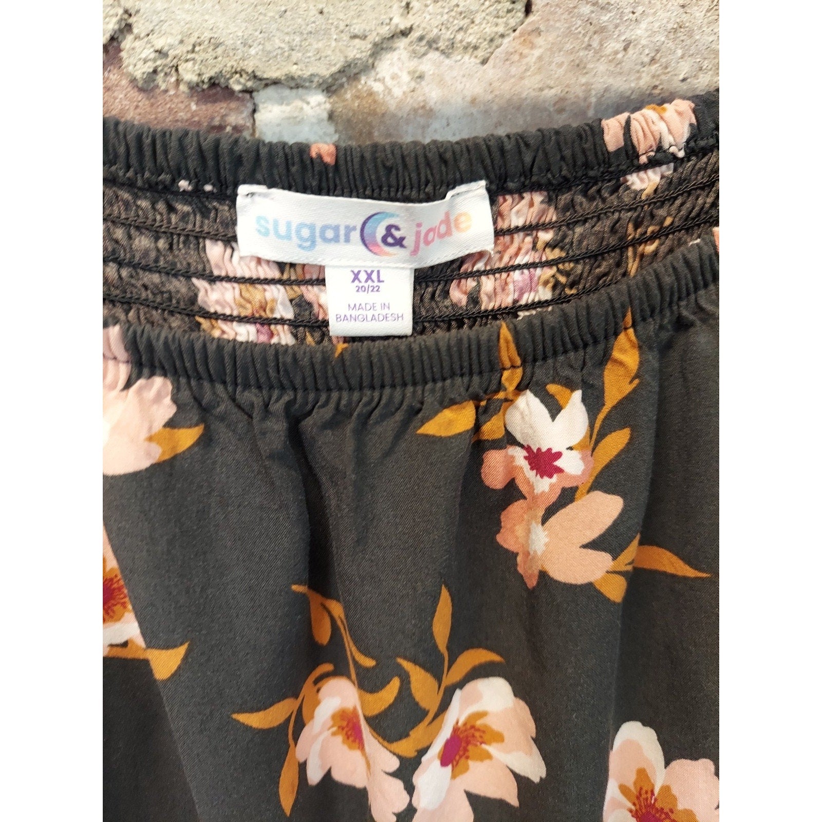Sugar & Jade Womens Dress XXL Charcoal Floral Smocked Tiered Short Sleeve