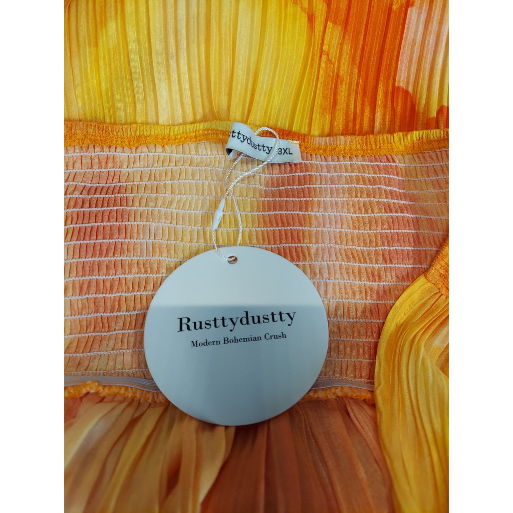 Rusttydustty Womens Halter Mini Dress 3XL Orange Yellow Deep V Neck Smocked