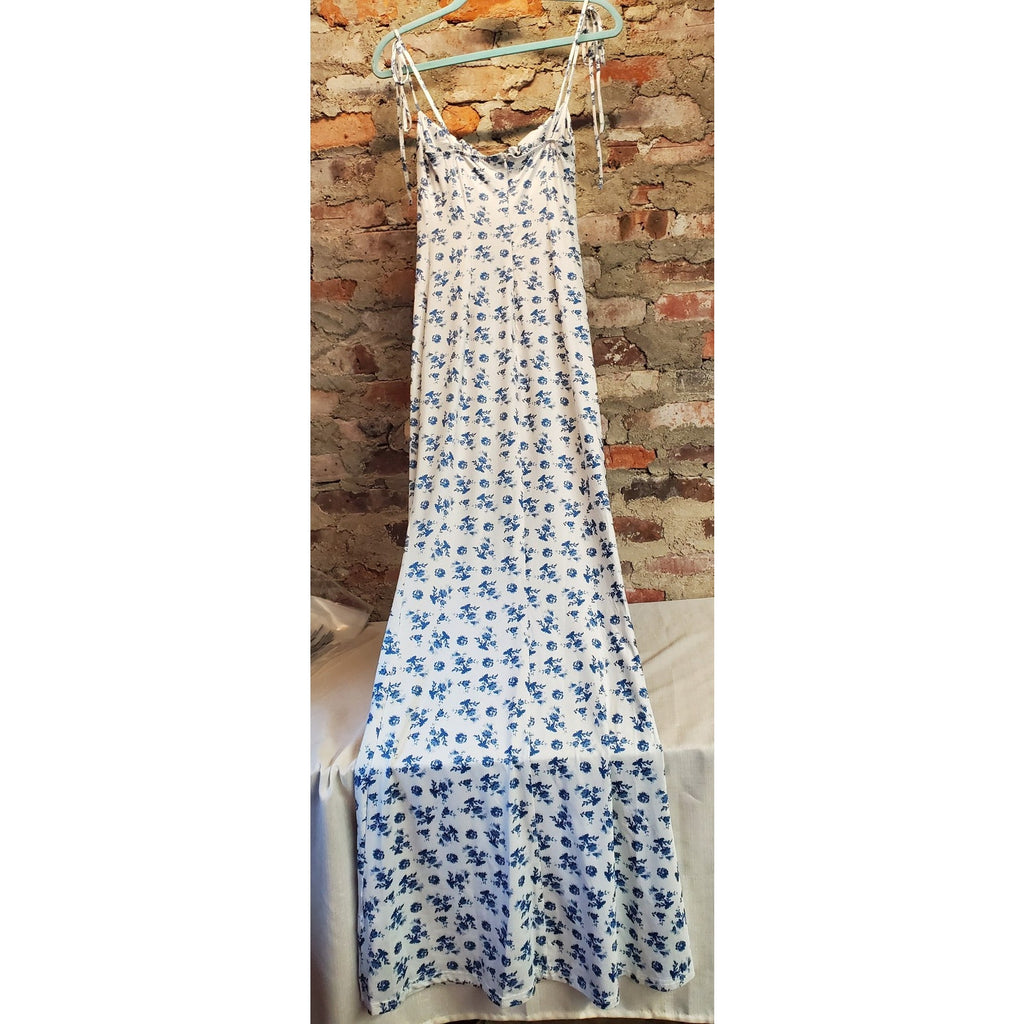 Womens Sz S White Blue Floral Maxi Dress Sleeveless Spaghetti Strap Drawstring