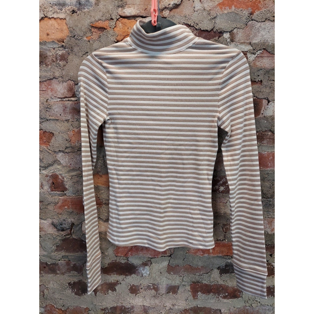 SO Womens Mock Neck Top S Tan White Gold Stripe Ribbed Long Sleeve