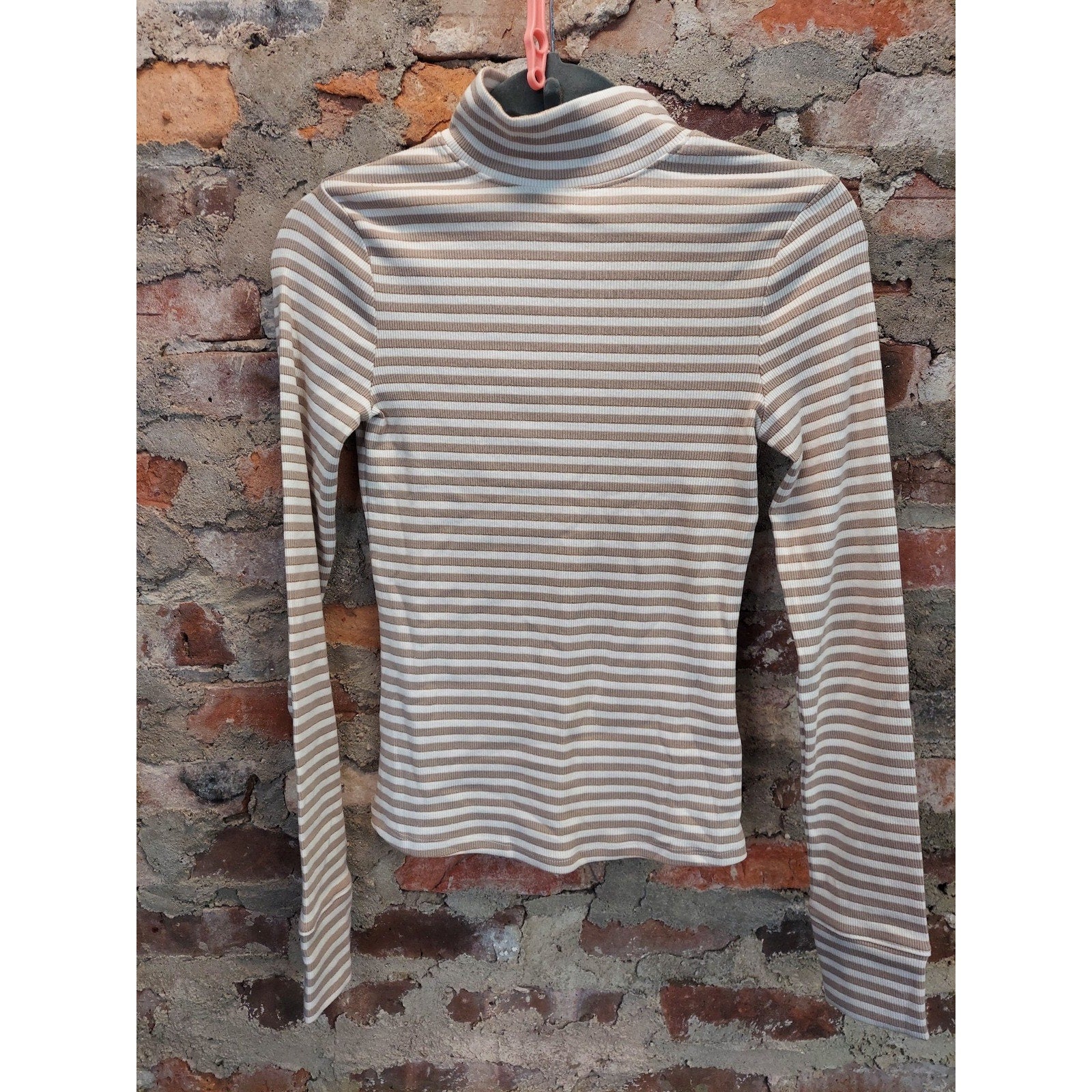 SO Womens Mock Neck Top S Tan White Gold Stripe Ribbed Long Sleeve