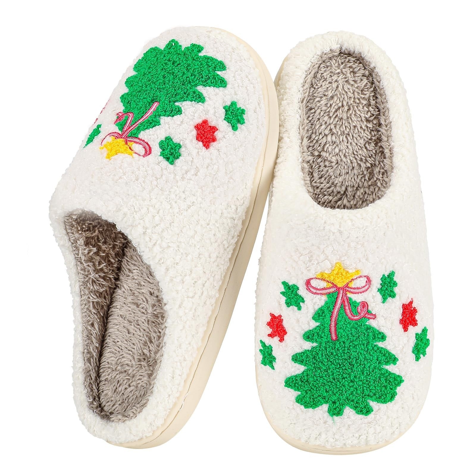 Womens Christmas Tree Slippers Size 9-10 Fuzzy Plush Holiday House Shoes White