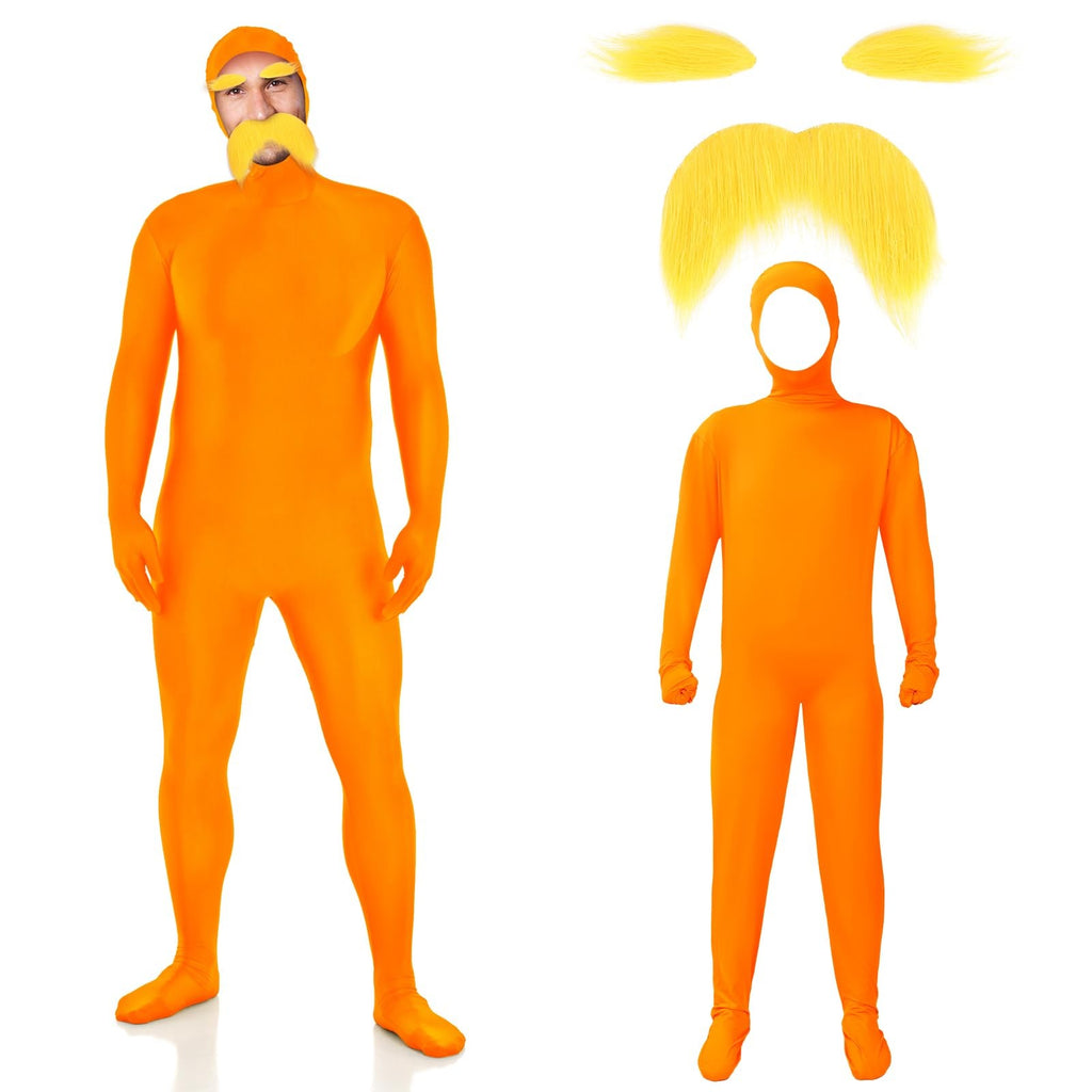 Mens Womens Lorax Costume Full Body Orange Bodysuit Jumpsuit Mustache Eyebrows