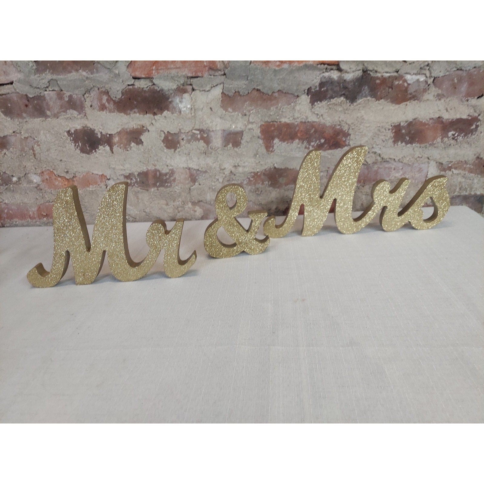 Mr & Mrs Gold Glitter Wedding Engagement Anniversary Table Decor Sign