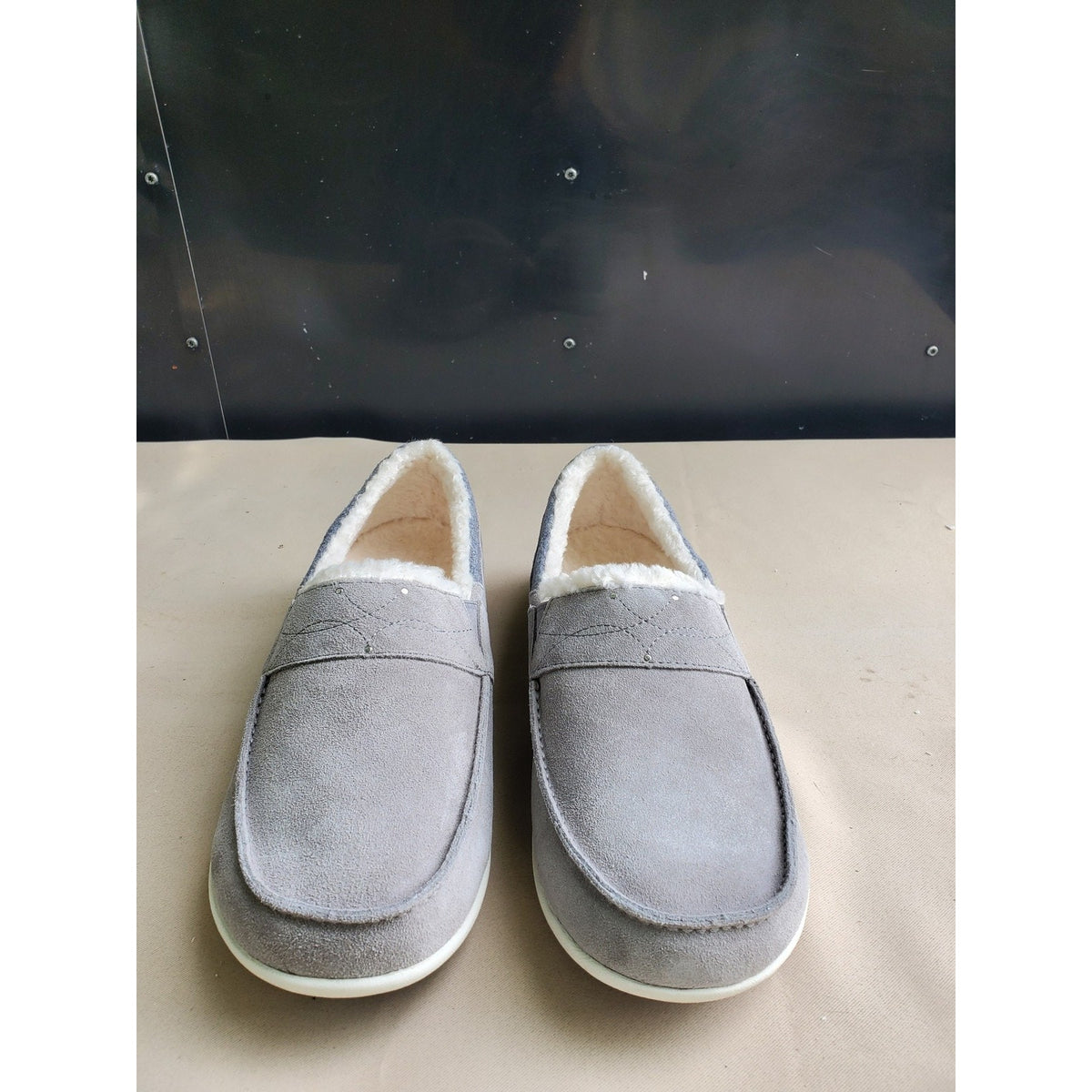 Spenco Mens Slip On Loafers 11D Gray Faux Shearling Lined Moc Toe Comfort