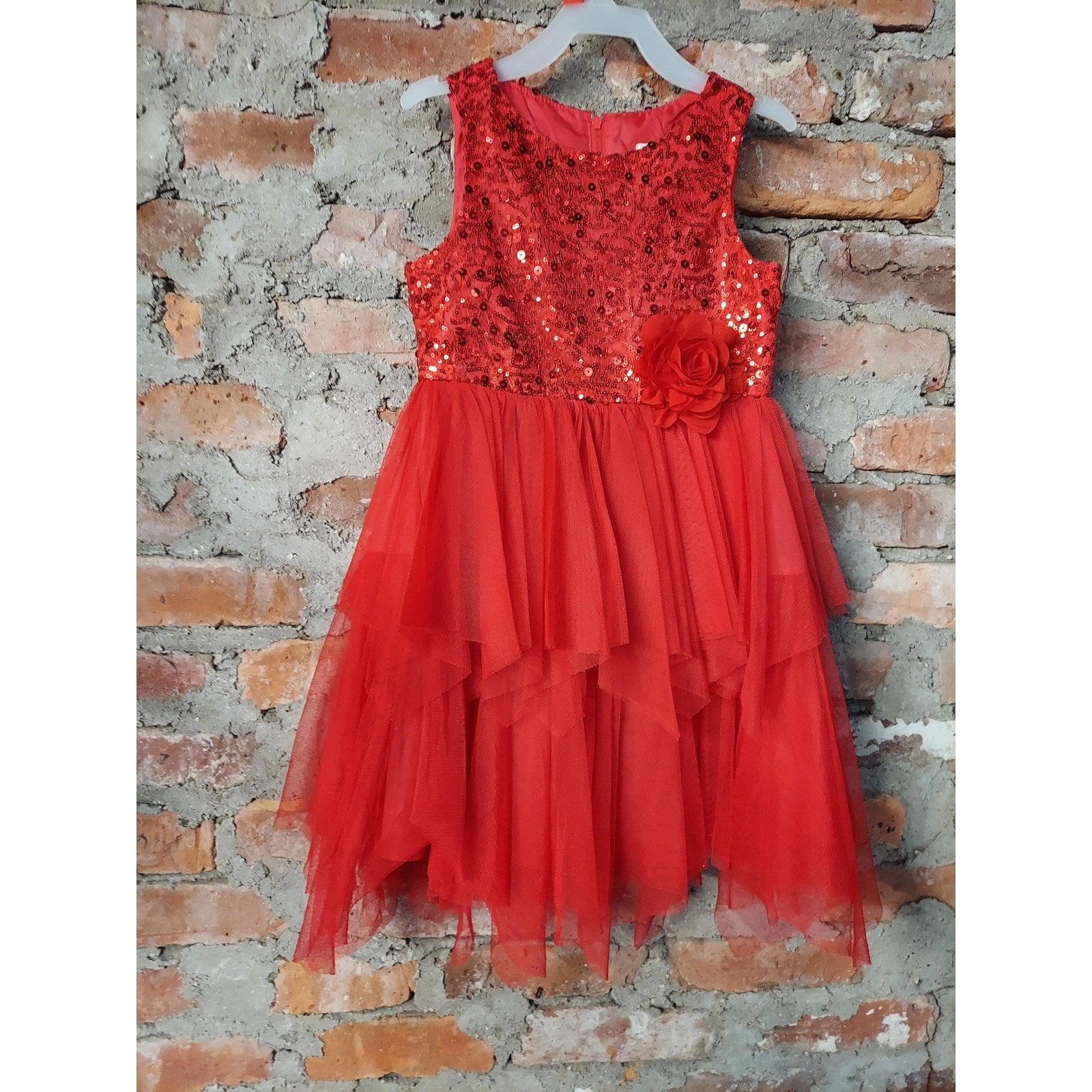 Rare Editions Girls Dress Size 5 Red Sequins Tulle Tiered Flower Sleeveless