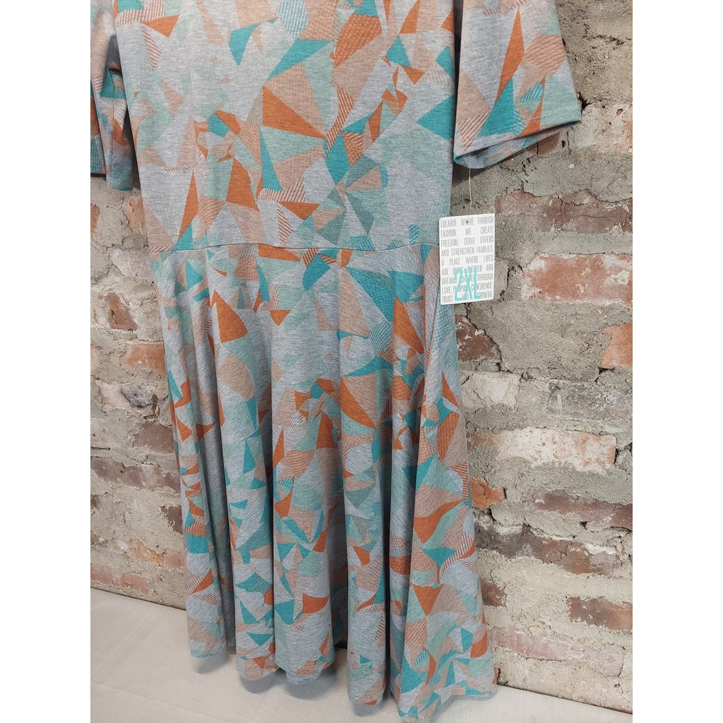 LuLaRoe Womens 2XL Dress Gray Orange Teal Geometric NWT A Line Short Sleeve