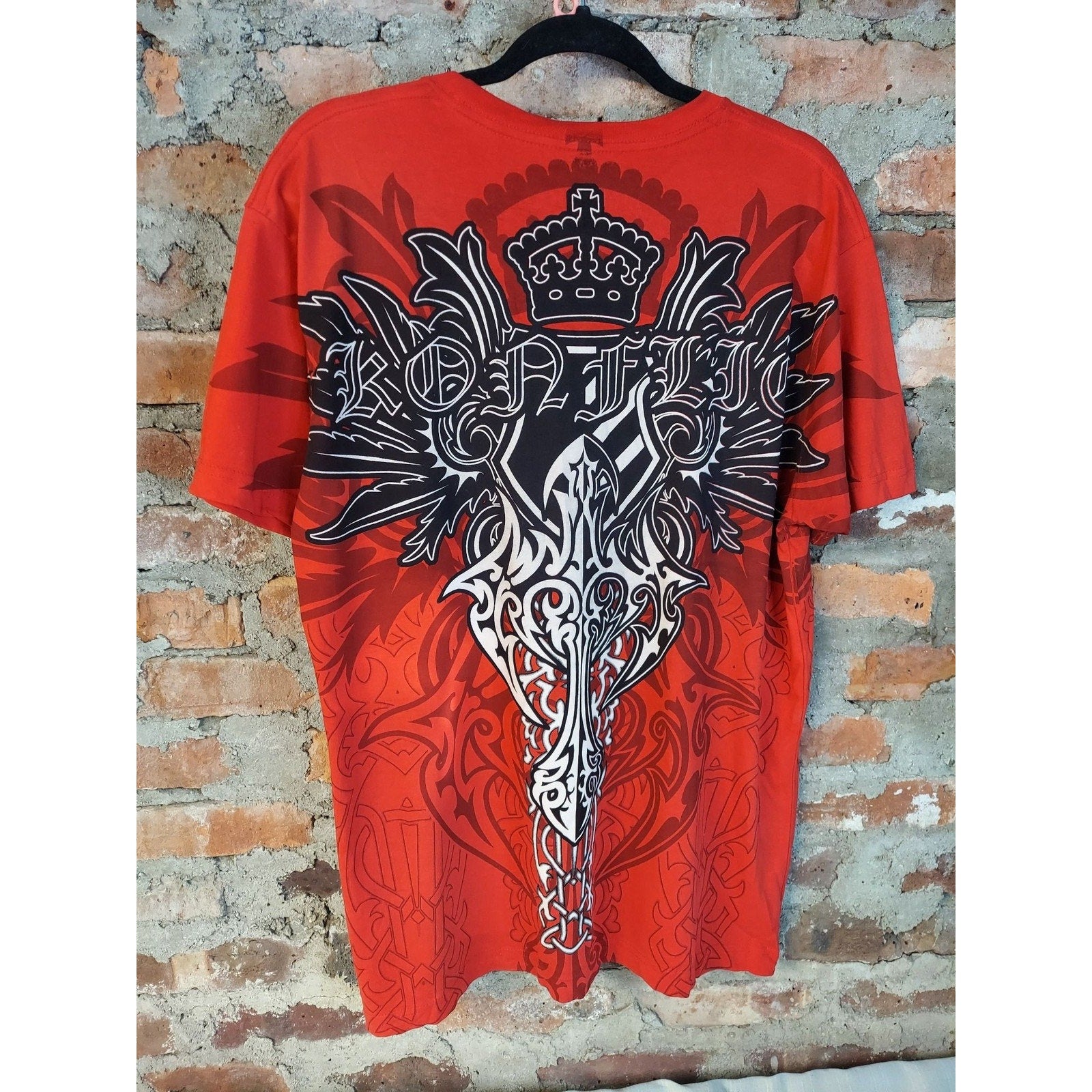 Affliction Mens Graphic T-Shirt L Red MMA Biker Eagle Wings Y2K Short Sleeve