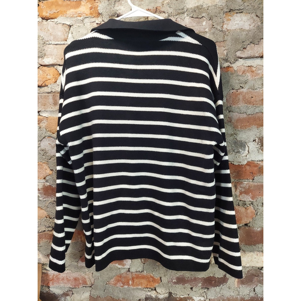 Womens Collared Sweater Black White Striped Pullover Knit Long Sleeve L SOFT