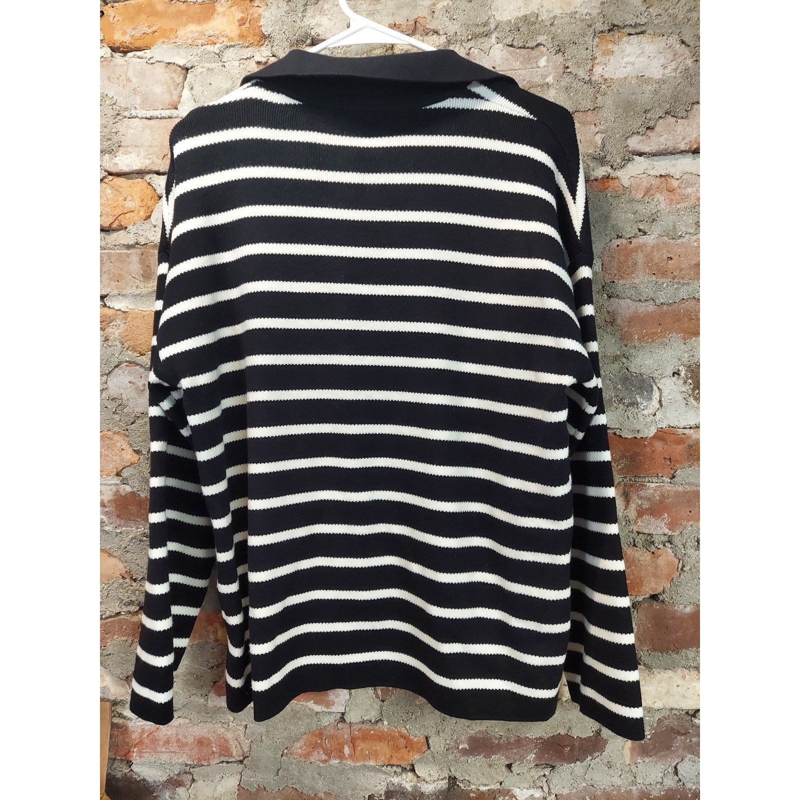 Womens Collared Sweater Black White Striped Pullover Knit Long Sleeve L SOFT