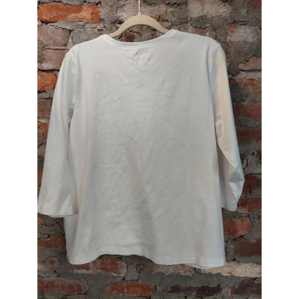 L.L.Bean Womens V Neck 3/4 Sleeve Top XL White Knit Casual Pullover