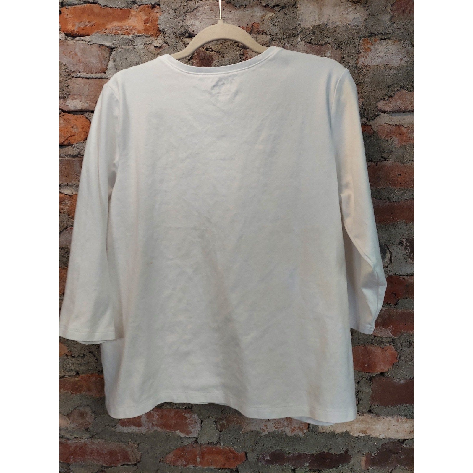 L.L.Bean Womens V Neck 3/4 Sleeve Top XL White Knit Casual Pullover
