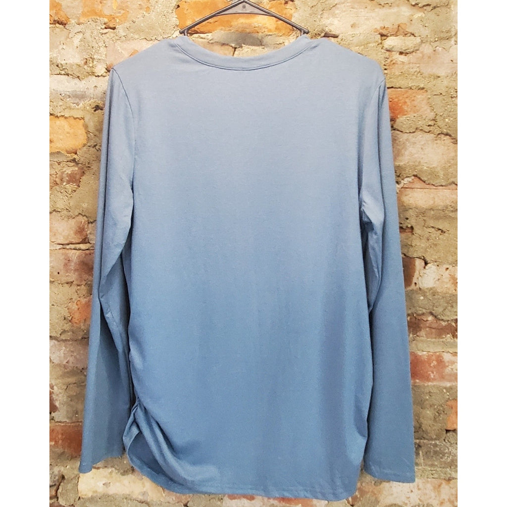 Womens Sz M Long Sleeve Crew Neck Top Light Blue Ruched Side Casual Pullover