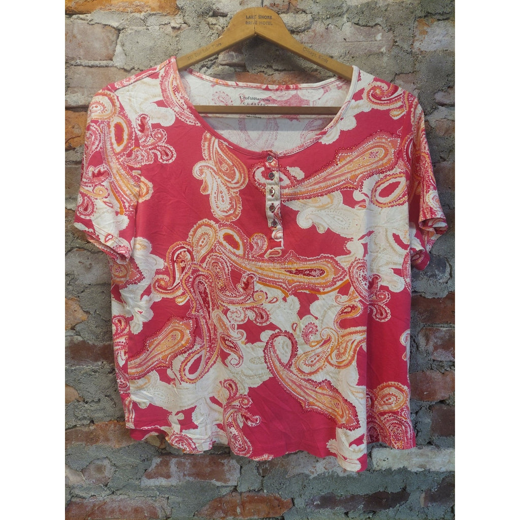 Croft & Barrow Womens Classic Tee 1X Pink Orange White Paisley Henley Shirt