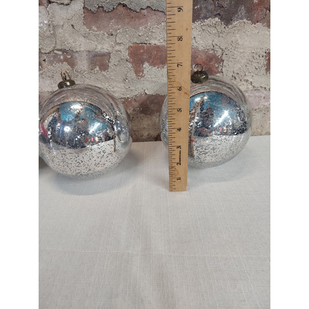 Christmas Ornaments Faux Mercury Glass Vintage Set of 3 Silver Ribbed 6 Inch