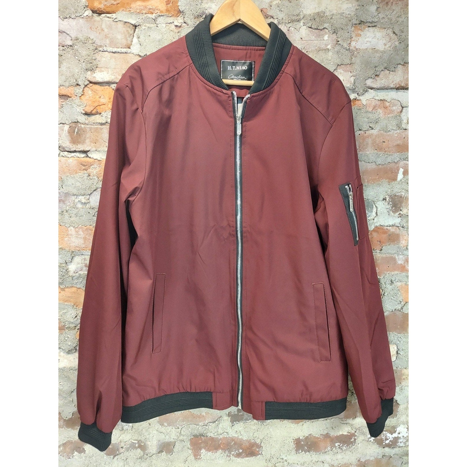 SHEIN Mens Bomber Jacket Size XXL Maroon Full Zip Ribbed Collar Arm Pocket
