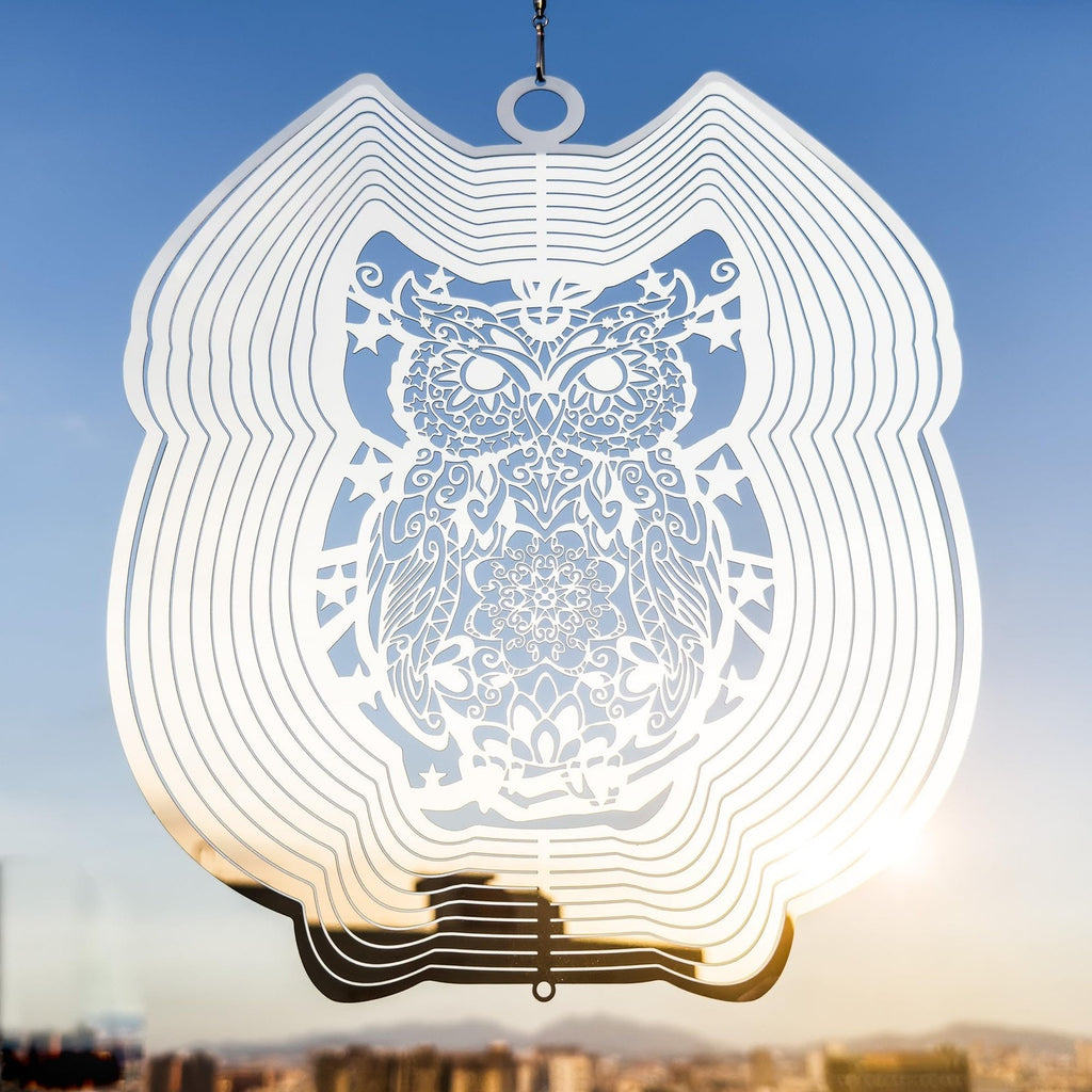 Owl Wind Spinner 12" Outdoor Hanging Metal Silver Garden Yard Art Decor New