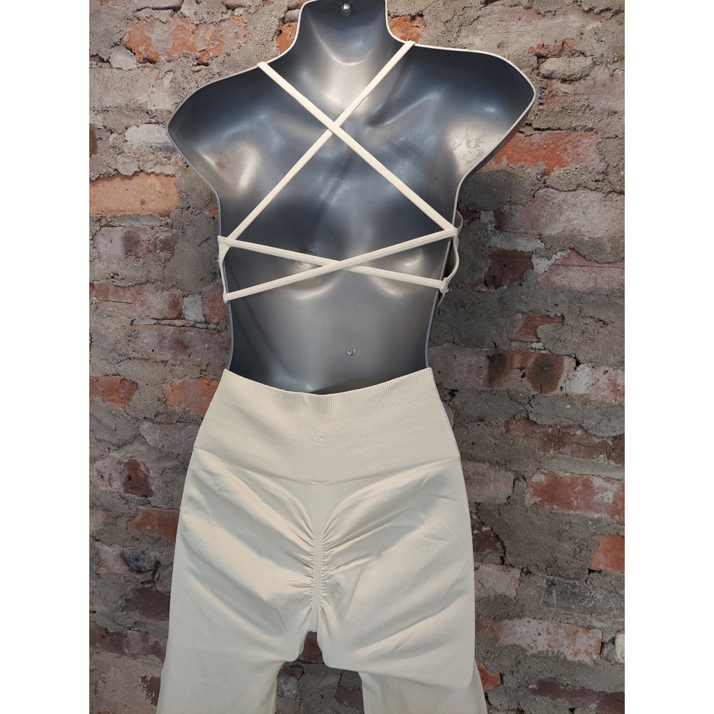 SUUKSESS Womens S Yoga Set Seamless High Waist Scrunch Butt Cream Strappy Back
