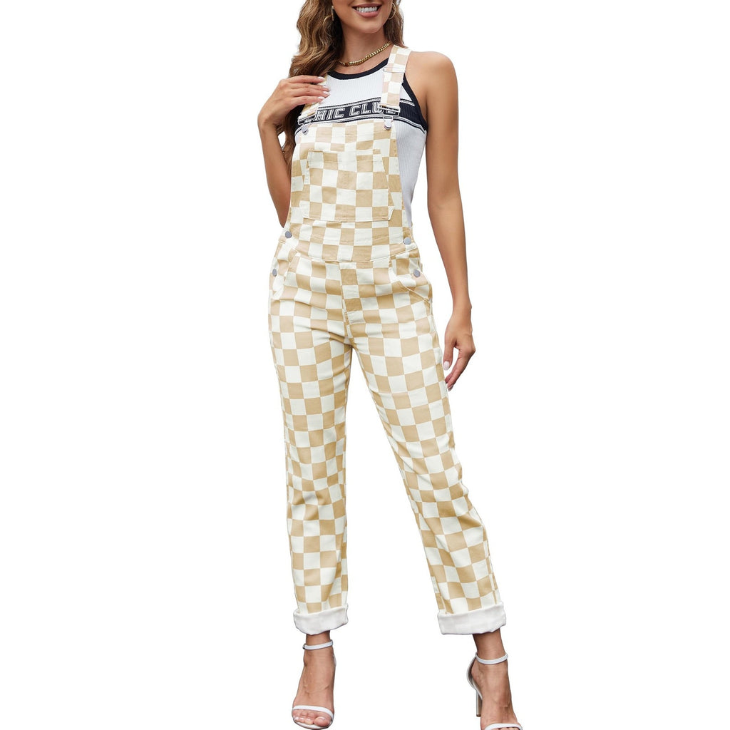 Womens Checkered Overalls Tan White L Adjustable Straps Pockets