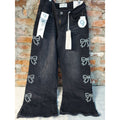 GO GO JEANS Womens Wide Leg Jeans Size 9 29 Distressed Black Rhinestone Bow NWT