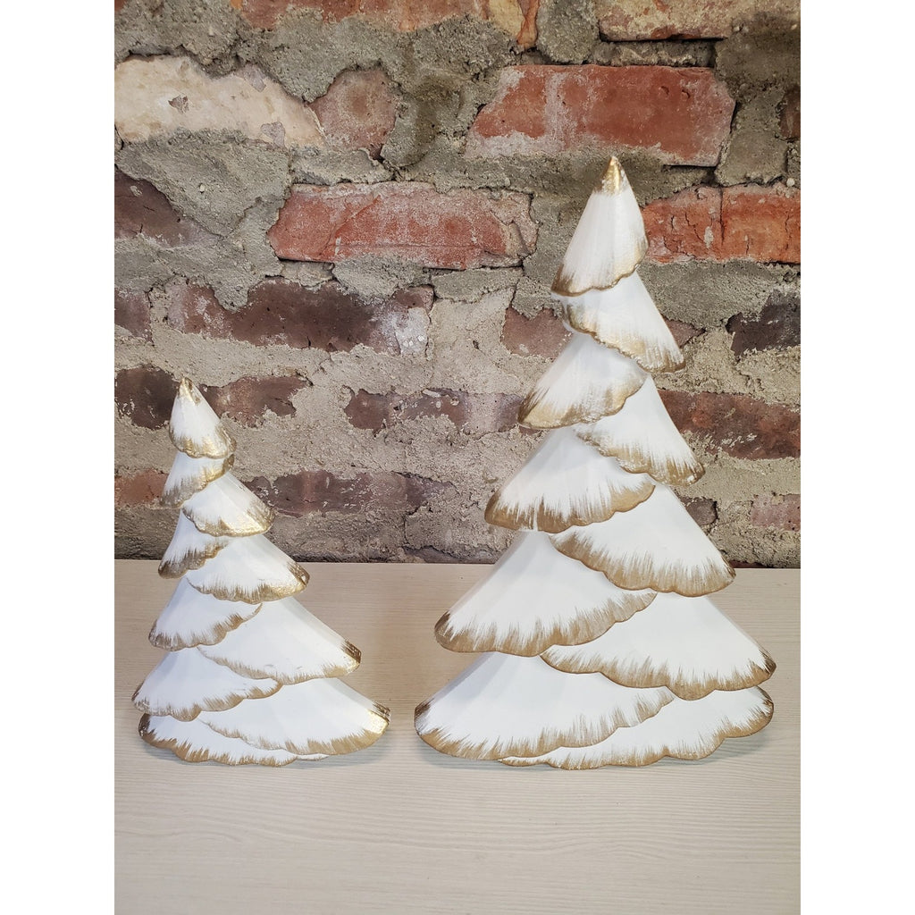 Christmas Trees Set 2 White Gold Wood Tiered Tabletop Holiday Decor Farmhouse