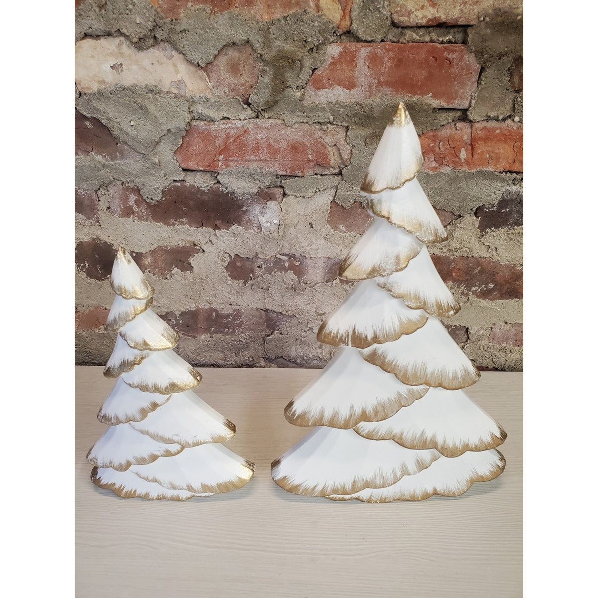 Christmas Trees Set 2 White Gold Wood Tiered Tabletop Holiday Decor Farmhouse