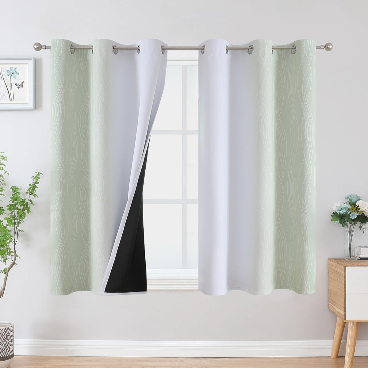 Blackout Curtains Grommet Top Sage Green Wave Pattern Pair Thermal Insulated