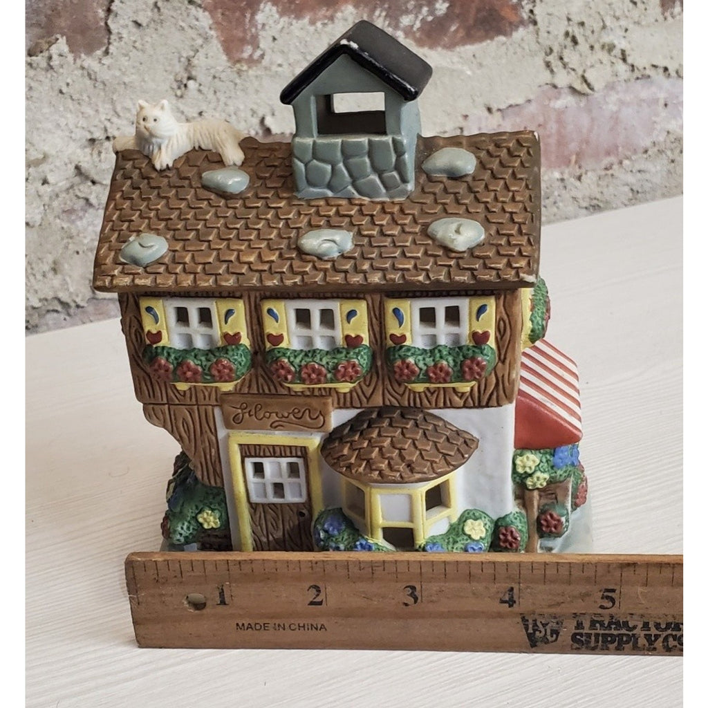 International Craft Flower Shop Village House Figurine Tea Light Candle Holder