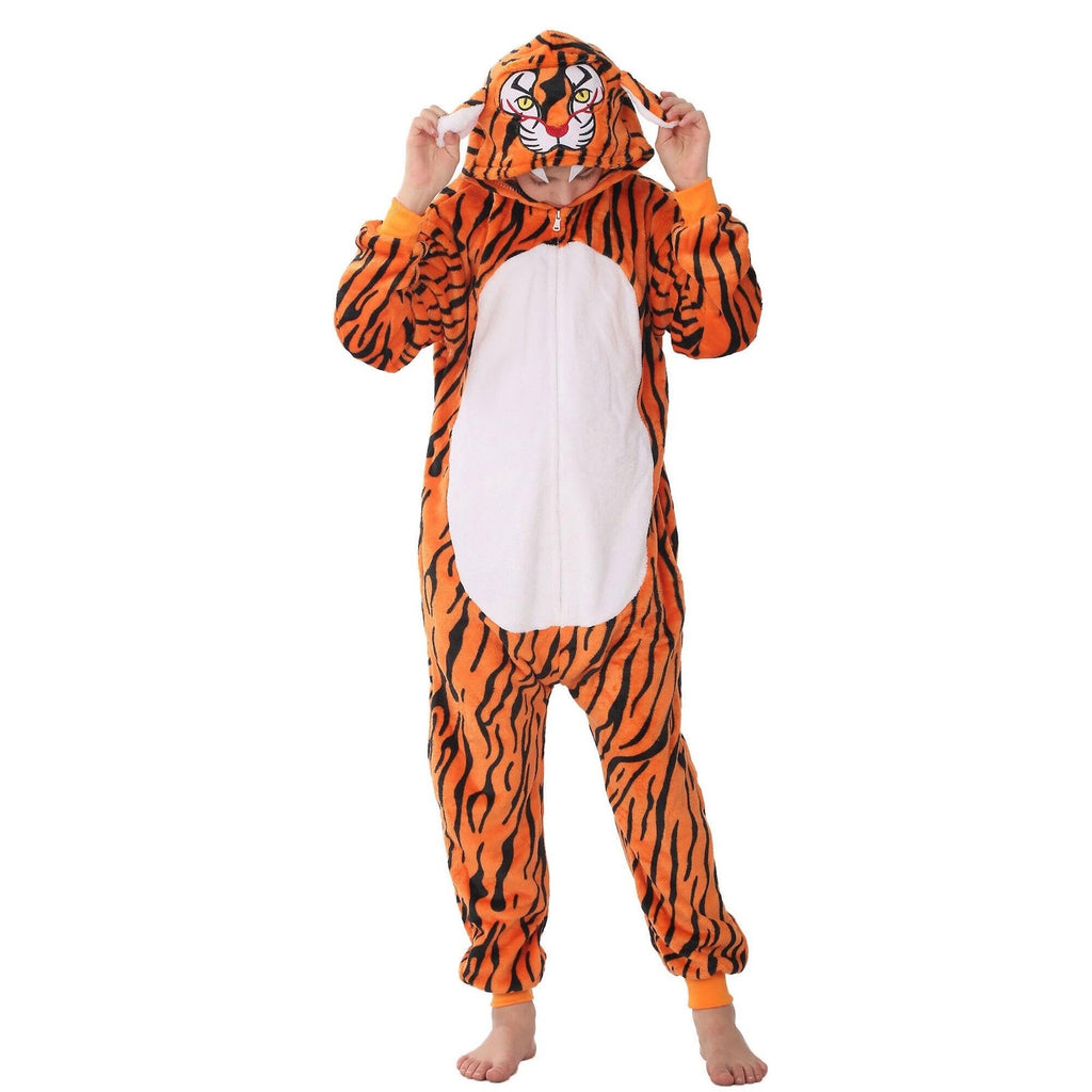 Tiger Kids One Piece Pajamas Costume Boys Girls Sz 10 Hooded Animal Sleepwear