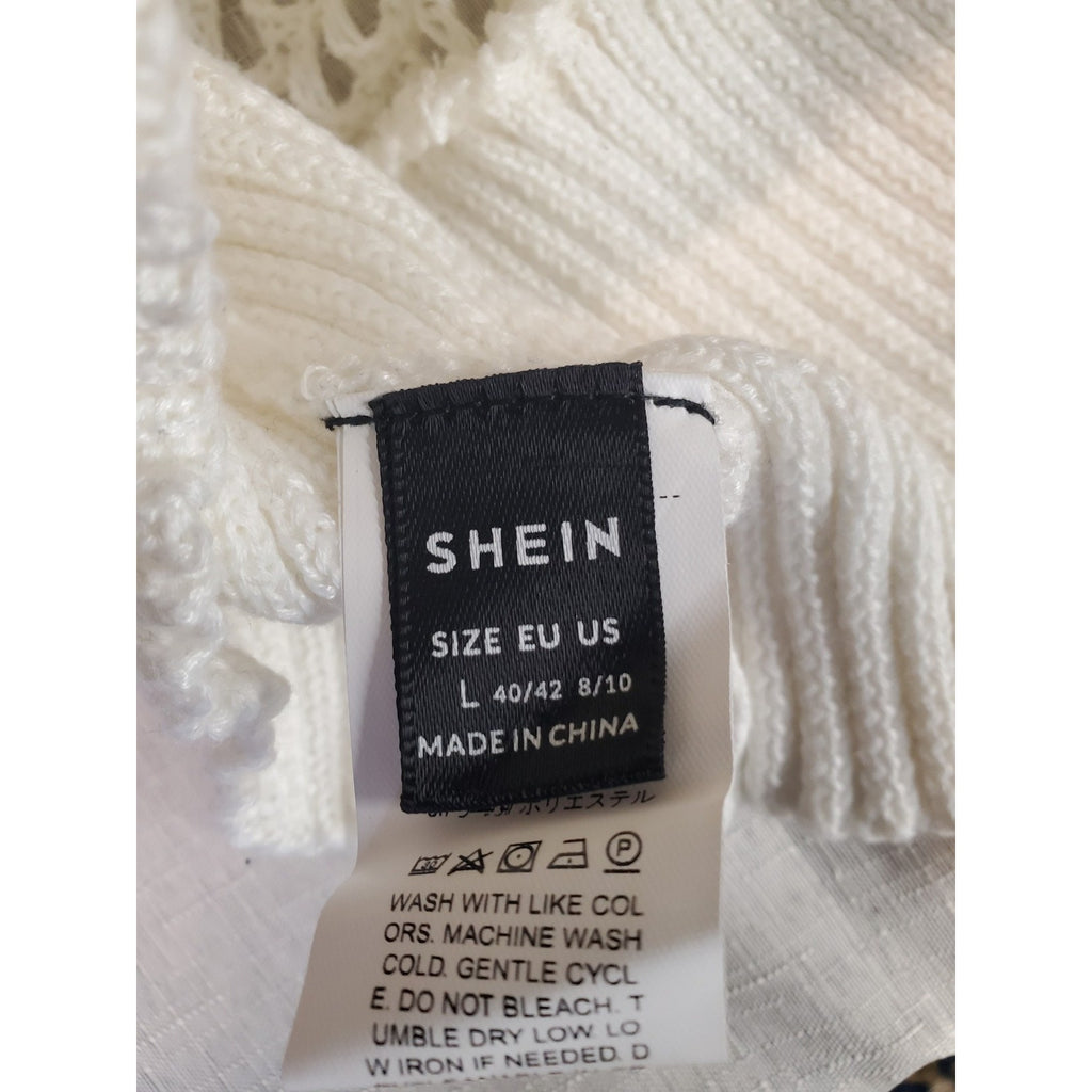 SHEIN Womens Crochet Knit Shrug L Cream Open Front Short Sleeve Ribbed Hem Boho