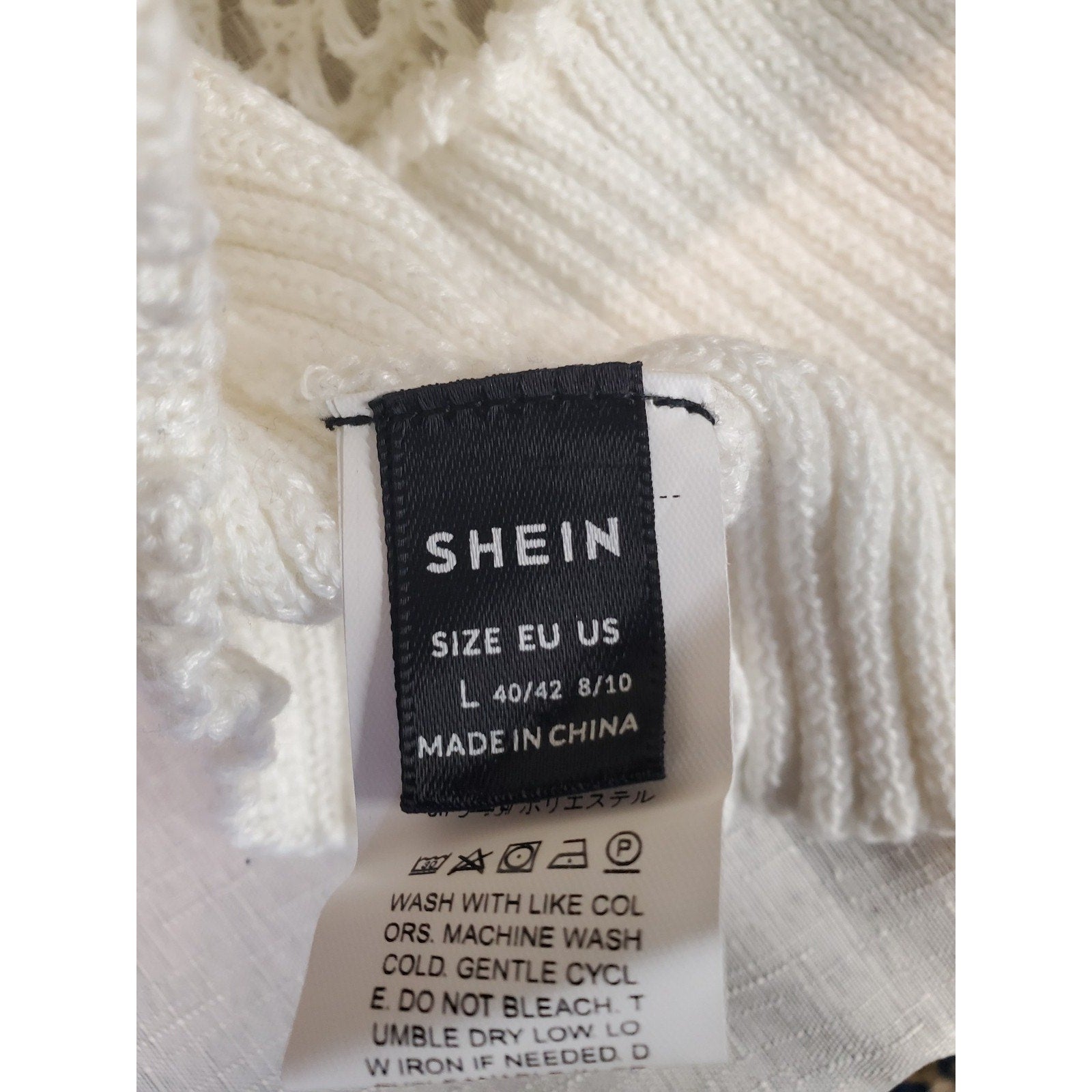 SHEIN Womens Crochet Knit Shrug L Cream Open Front Short Sleeve Ribbed Hem Boho