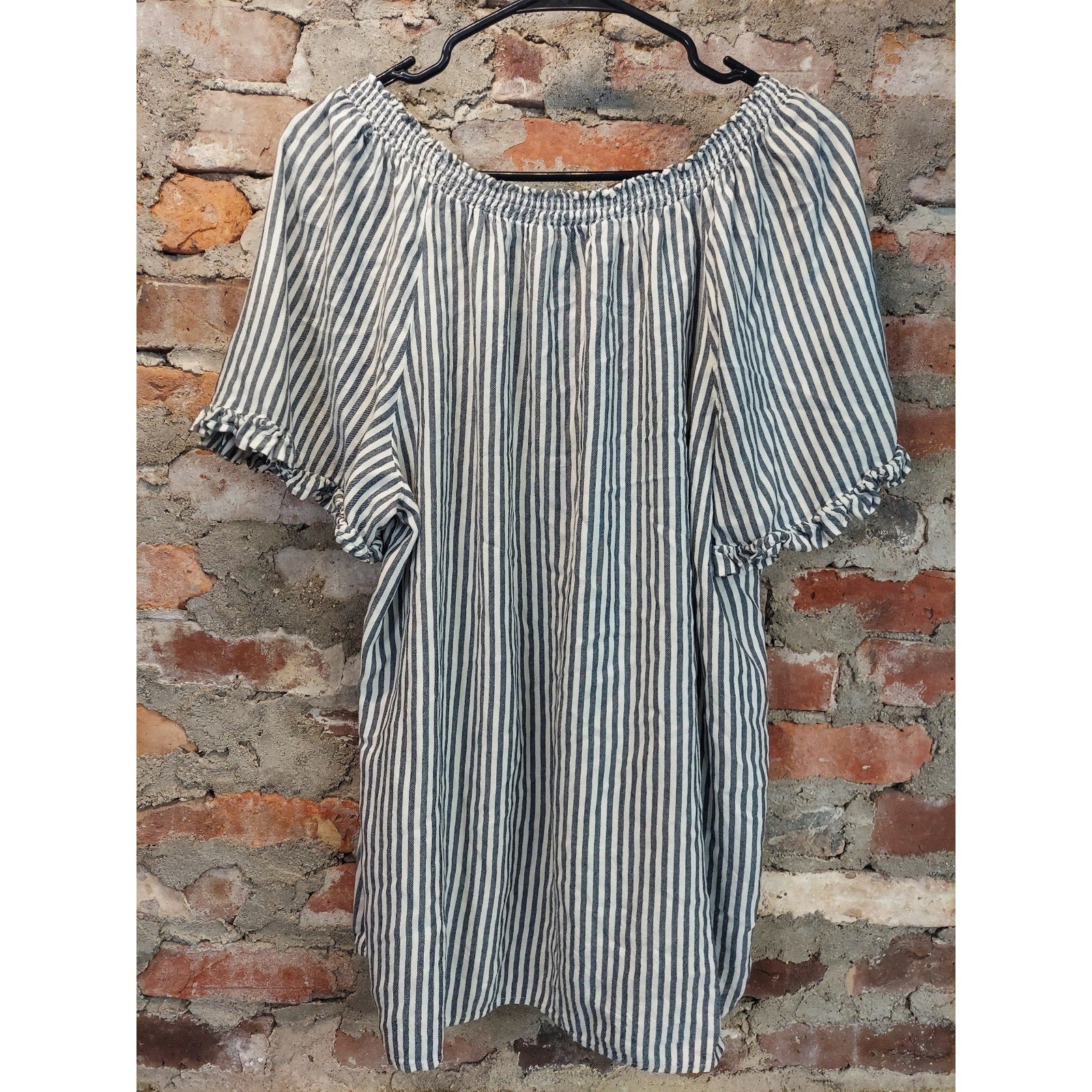 Terra & Sky Womens Plus Smocked Peasant Blouse 1X 16W Blue White Striped Ruffle