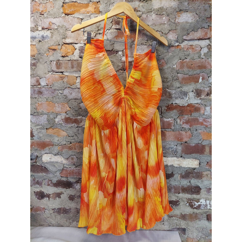 Rusttydustty Womens Halter Mini Dress 3XL Orange Yellow Deep V Neck Smocked