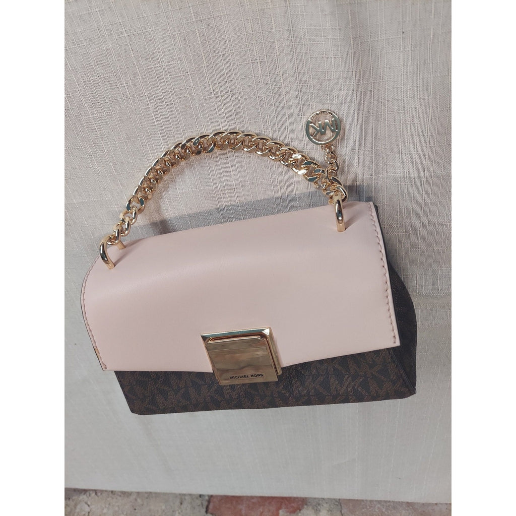 Michael Kors Womens MK Logo Pink Brown Crossbody Shoulder Handbag Gold Tone