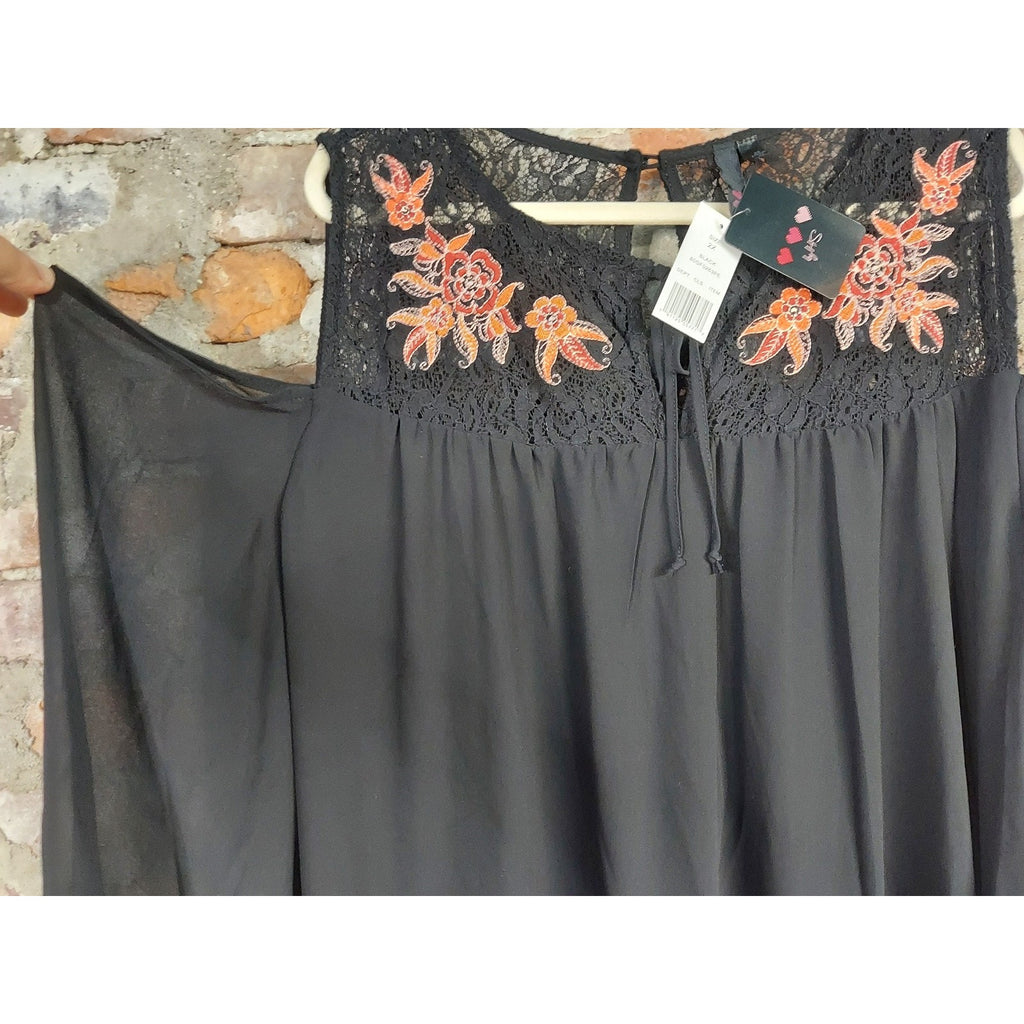 Sh by Shy Dress Womens 2X Black Cold Shoulder Lace Yoke Embroidered Flowy NWT