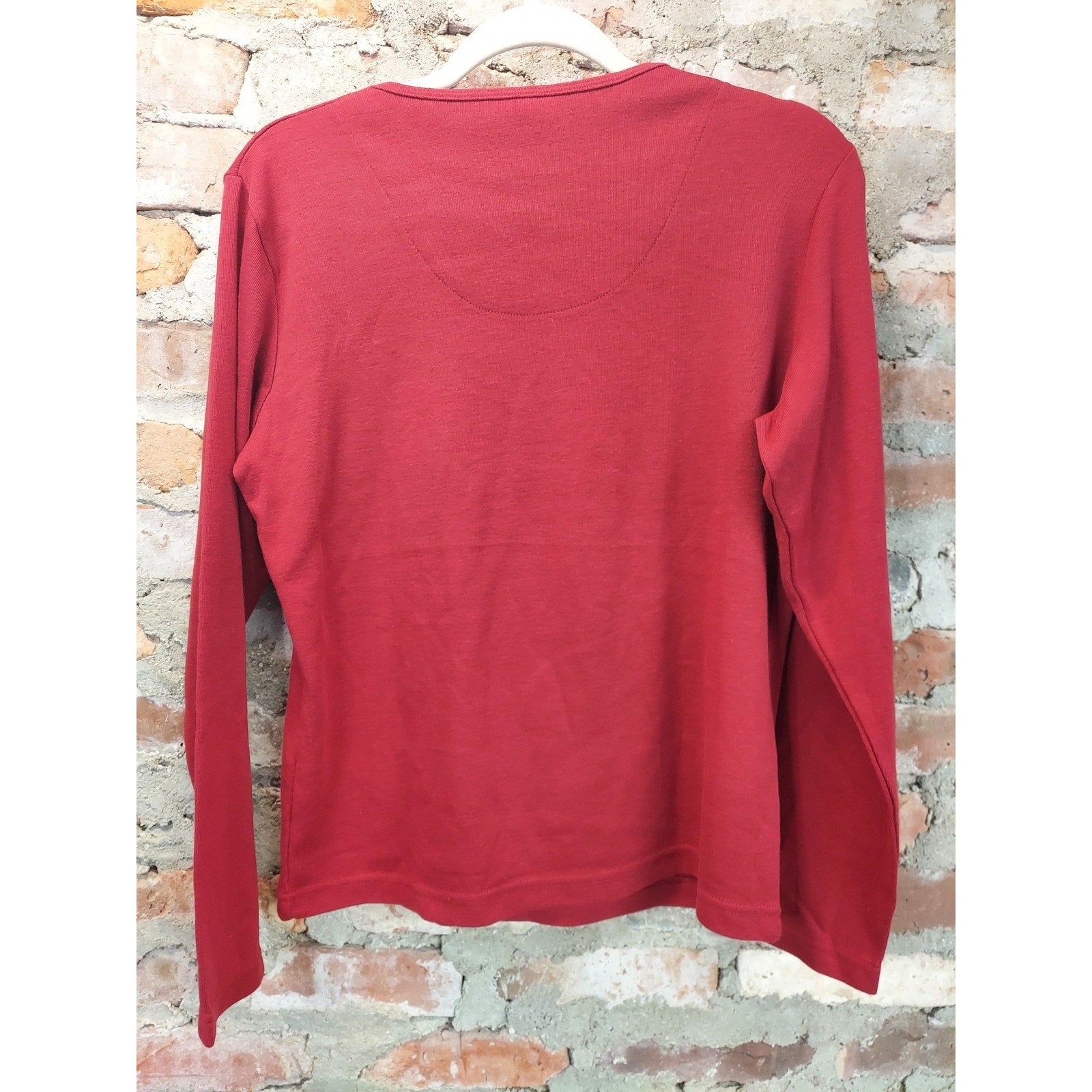 Fashion Bug Womens Long Sleeve Shirt M Red Stripe V Neck Cotton Polyester