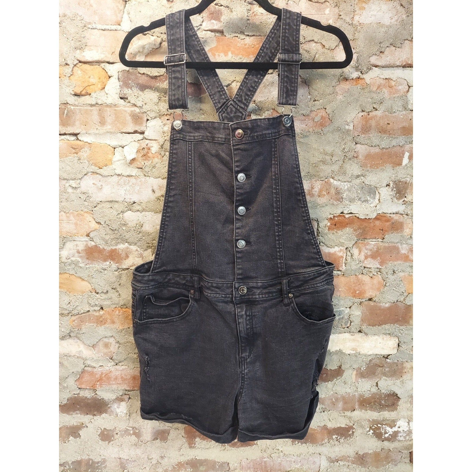 No Boundaries Womens Denim Shortalls 2XG 19 Black Distressed Adjustable Straps