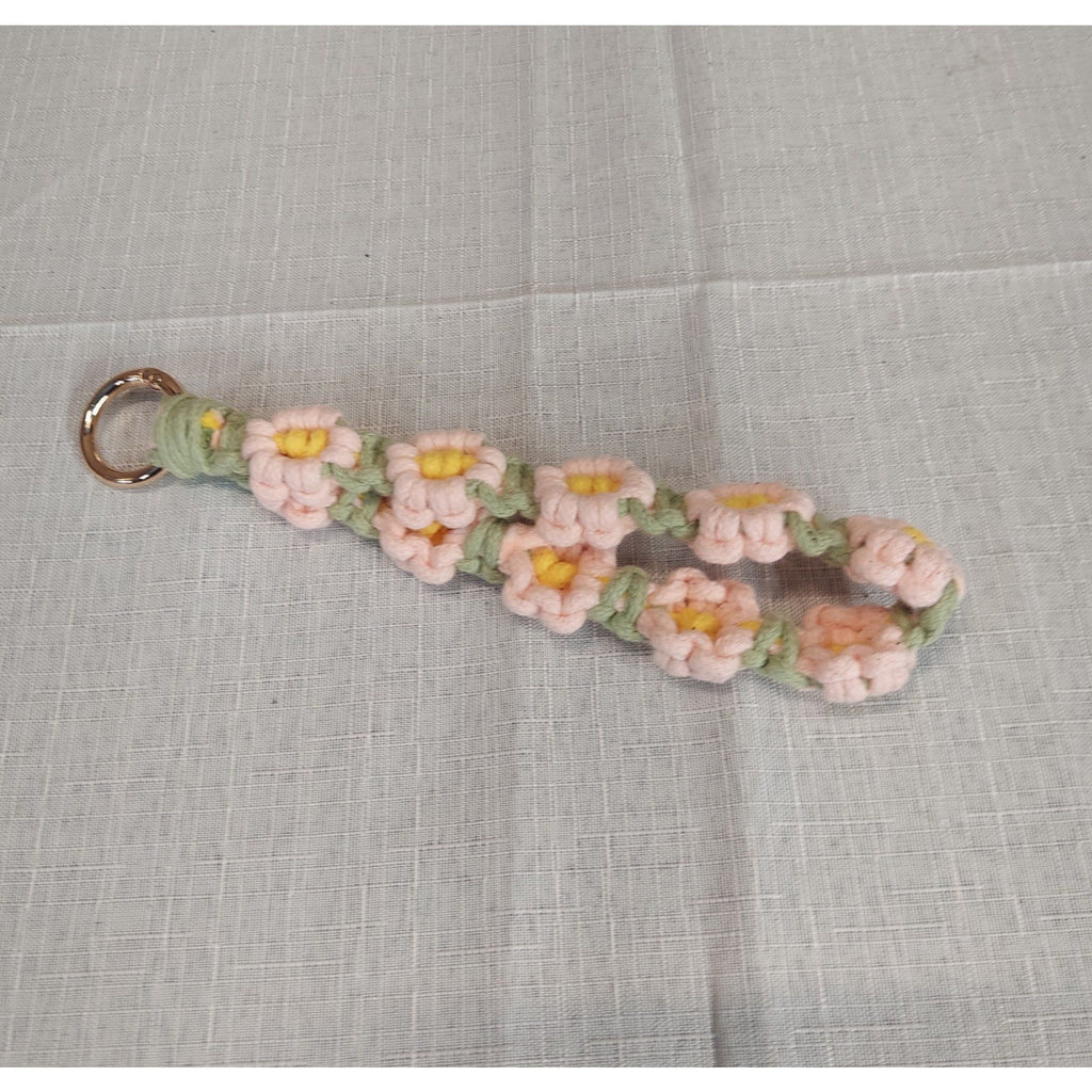 Macrame Flower Daisy Keychain Wristlet Lanyard Handmade Bag Charm Pink Green