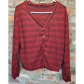 Womens Red Striped Cardigan Sweater S Button Front Waffle Knit V Neck