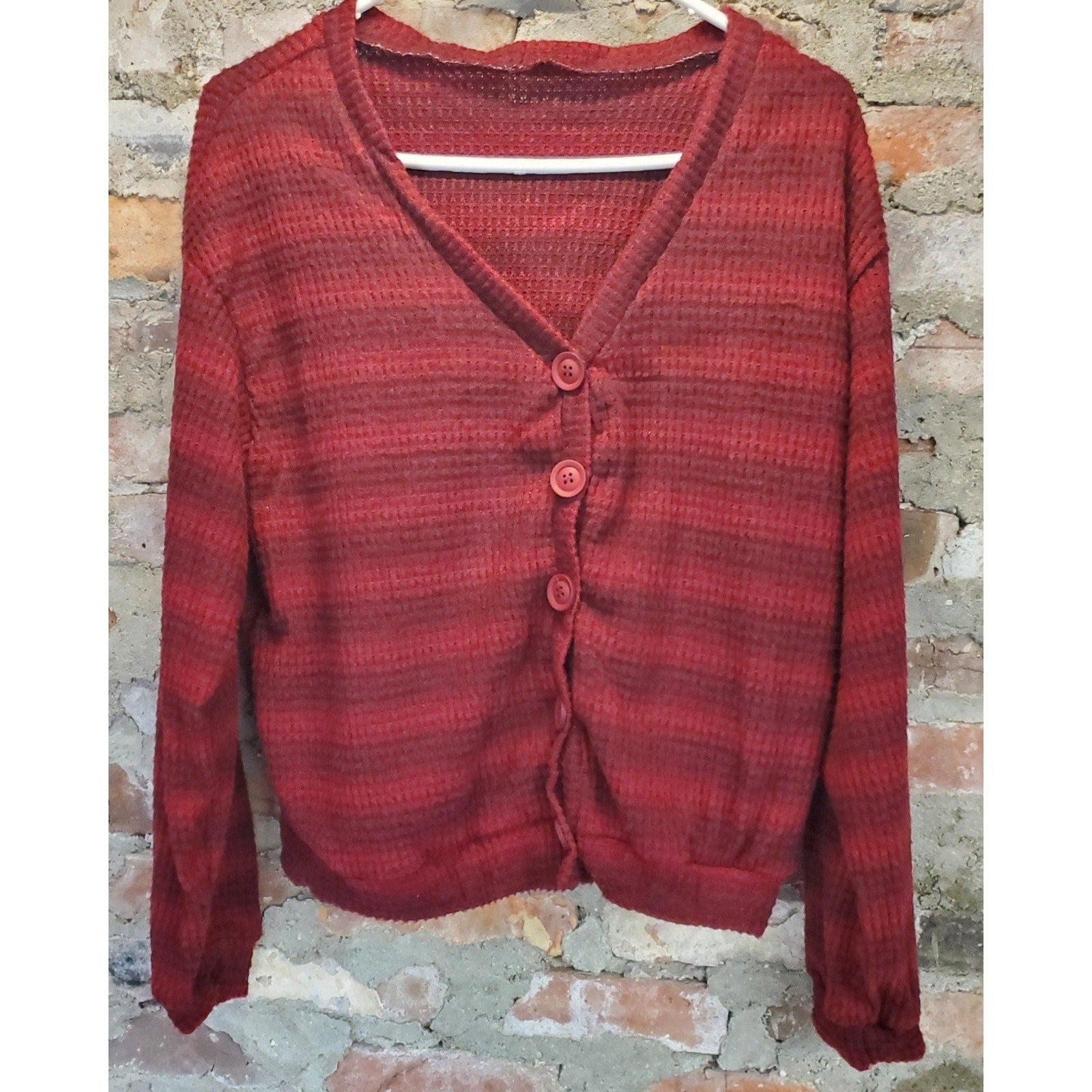 Womens Red Striped Cardigan Sweater S Button Front Waffle Knit V Neck