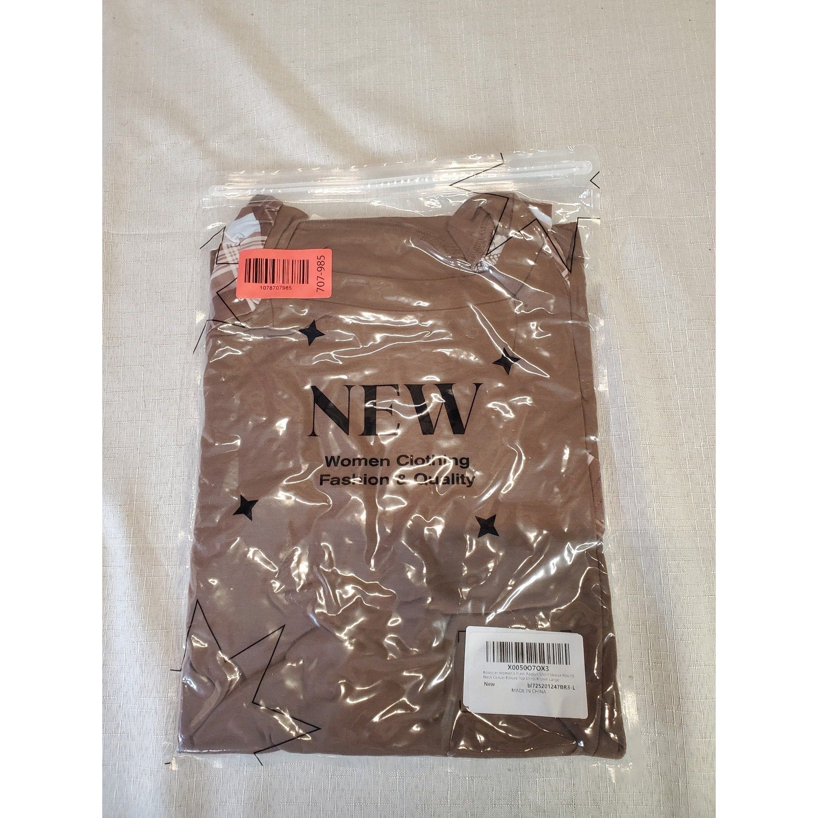 Womens T Shirt Large Brown Plaid Raglan Short Sleeve Casual Top