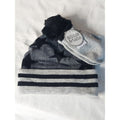 addie & tate Baby Infants Hat Mittens Set Gray Black Stars Striped Pom Pom