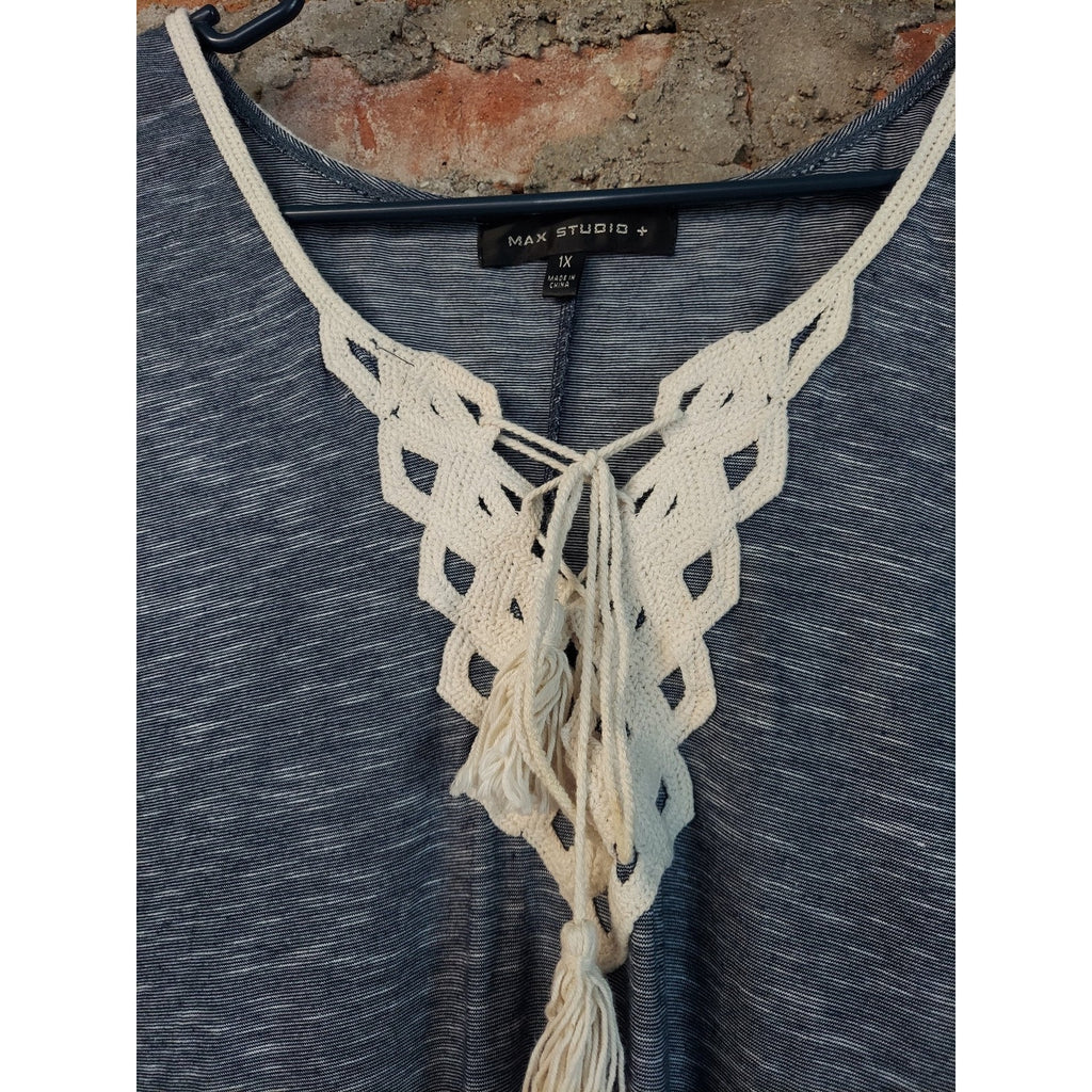 MAX STUDIO Womens Dress 1X Gray Cream Sleeveless Crochet Lace Up Tunic Shift